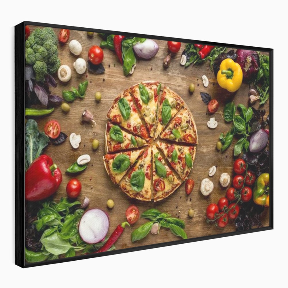 Tablou canvas cu tablou canvas cu pizza si legume, in rama de aluminiu negru